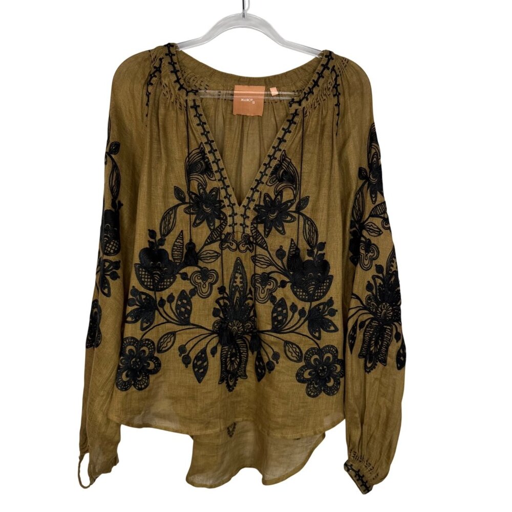 March 11 Floral Embroidered Linen Blouse Size Large Boho Bohemian